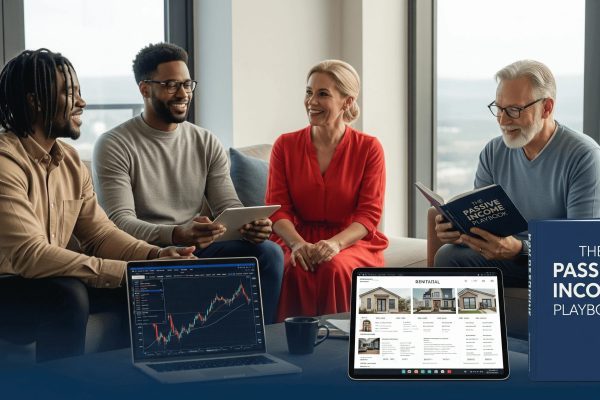 People enjoying financial freedom through passive income, featuring relaxed individuals in aspirational settings.