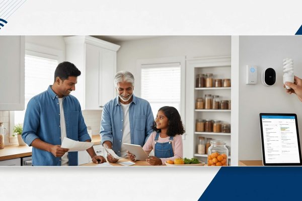 Family confidently managing household expenses and utility bills in a smart, energy-efficient home.