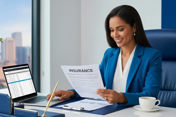 Businesswoman reviewing insurance documents in a modern office